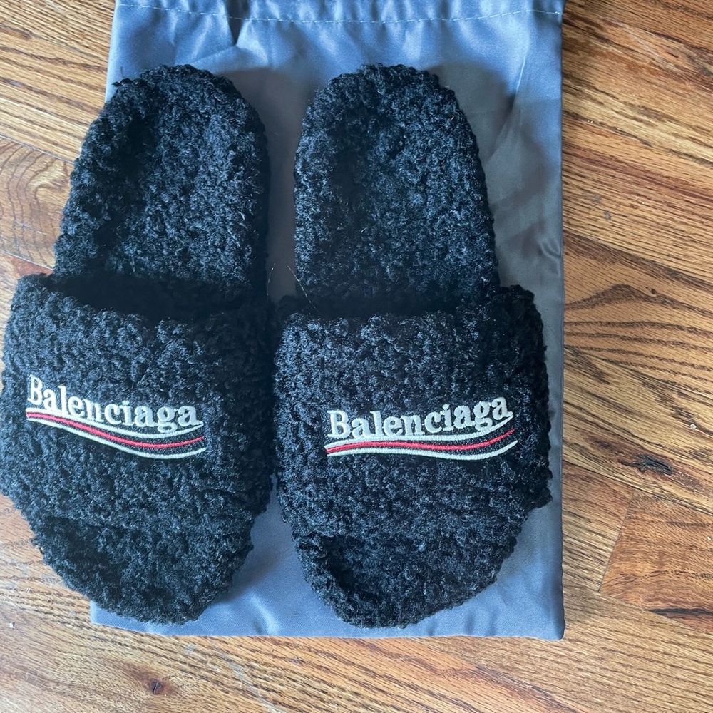 Balenciaga Black Fleece Slide Sandals with Tricolor Logo
